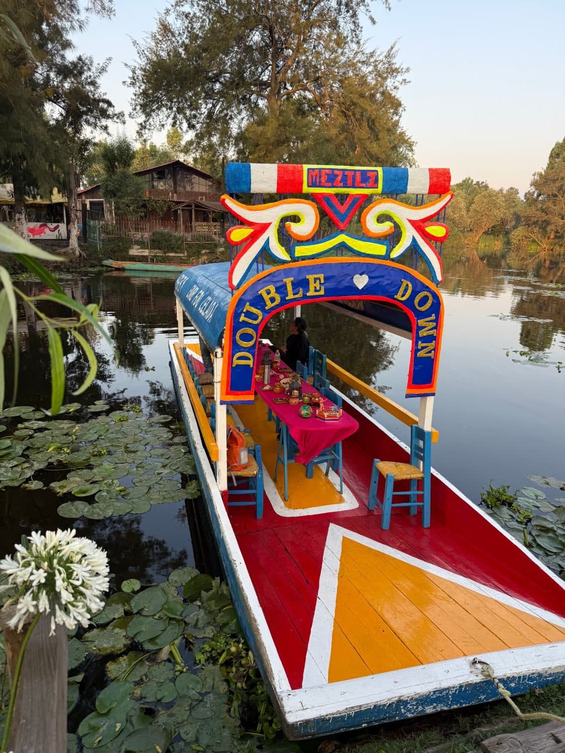 A trajinera on the Xochimilco canals at dawn, its arch hand-lettered Double Down