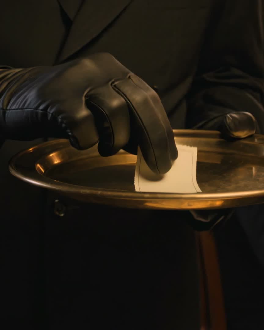 A black leather glove presenting a blank ticket on a brass tray